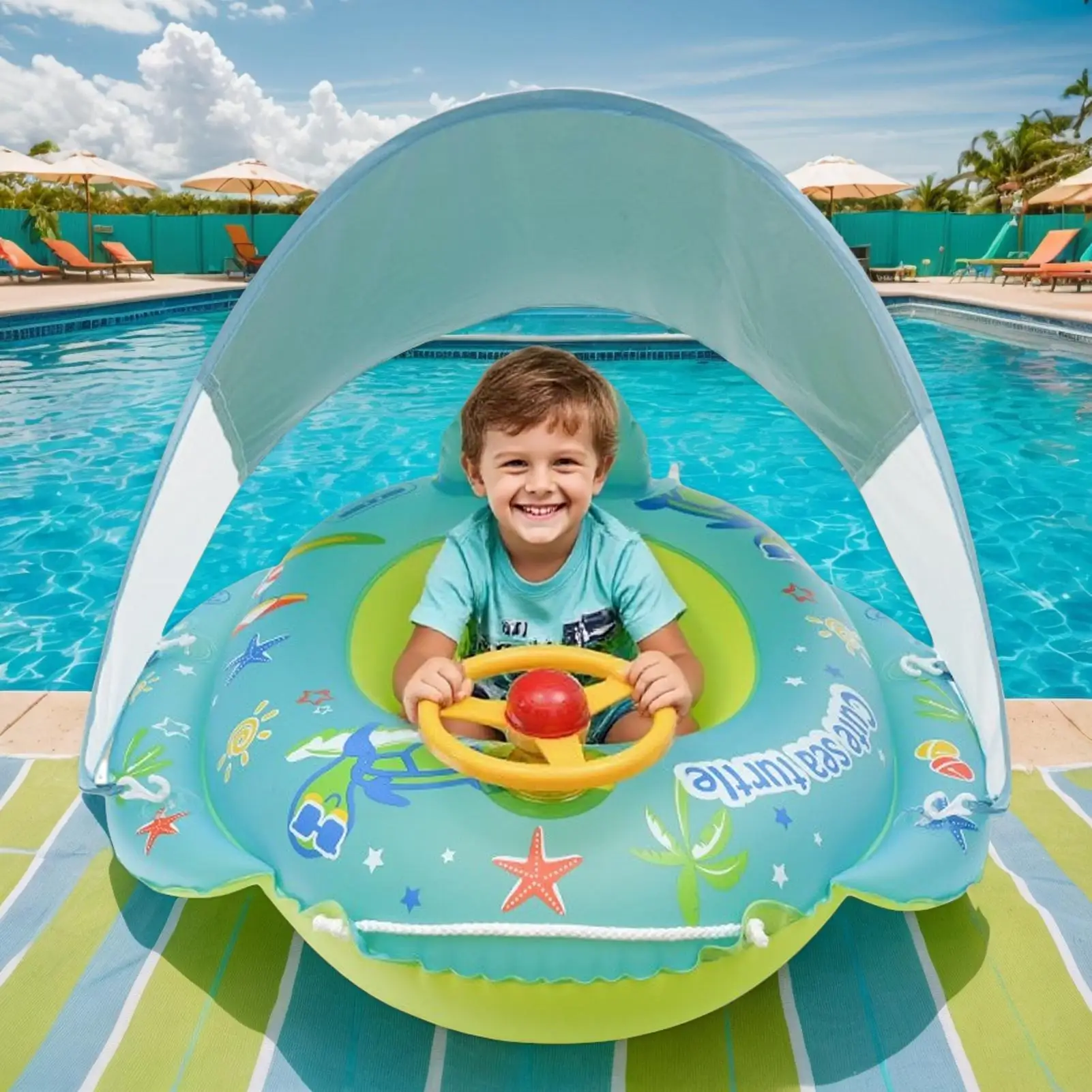 Baby Swimming Float Baby Swim Float With Canopy Inflatable PVC Swim Ring 1-4 Years Old Cartoon Steering Wheel Toy For Sun
