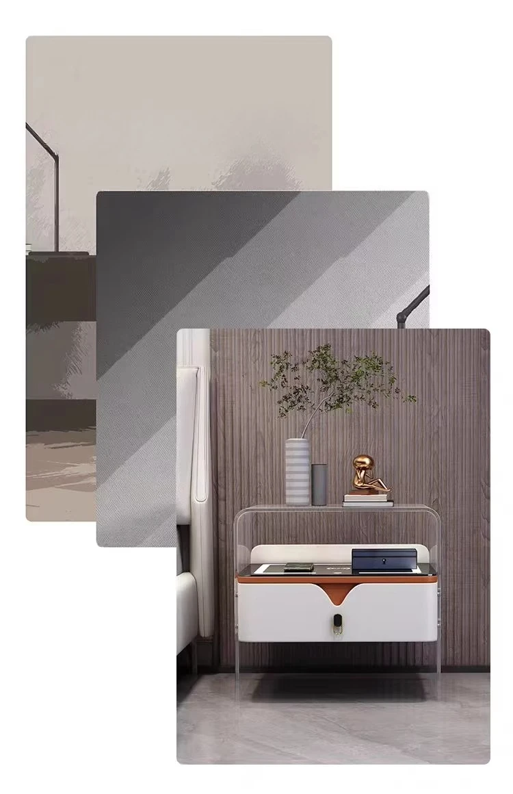 ￥%New Design Wholesale Wireless Charging Hotel Acrylic White Modern Led Smart Night Stand Bedside Table Nightstand