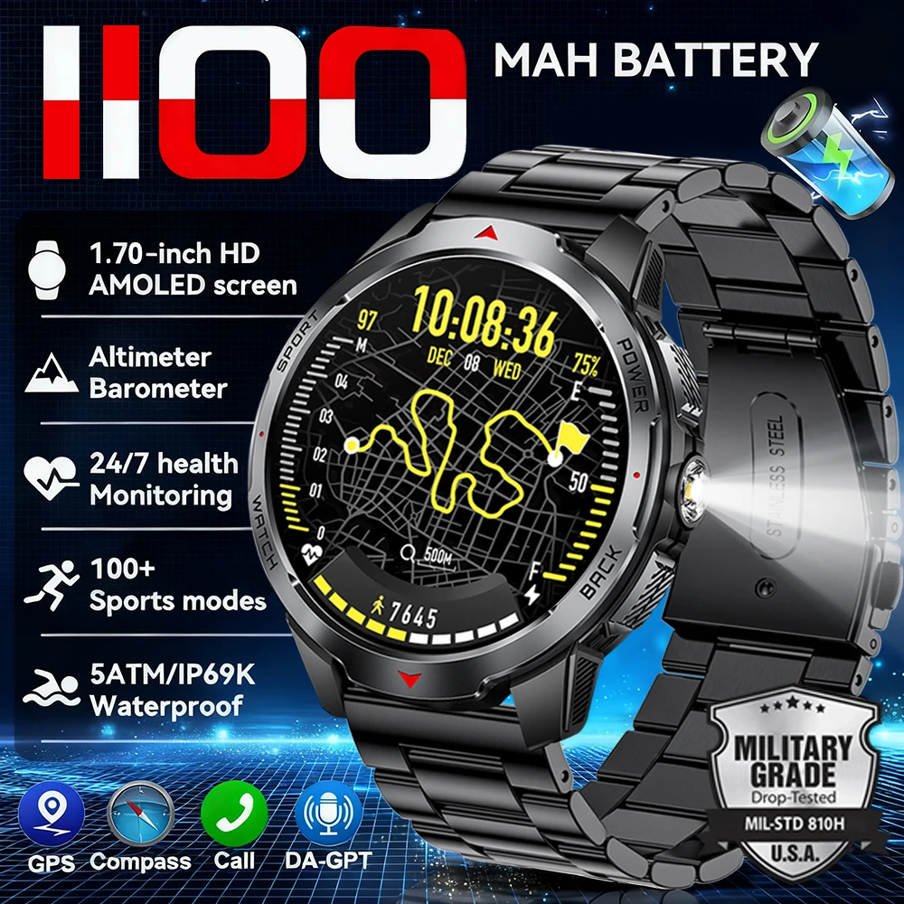

1100mAh Military Outdoor Smart Watch Men 1.7-inch Large Display Compass Sports Watch IP68 Waterproof Bluetooth Call Smartwatch