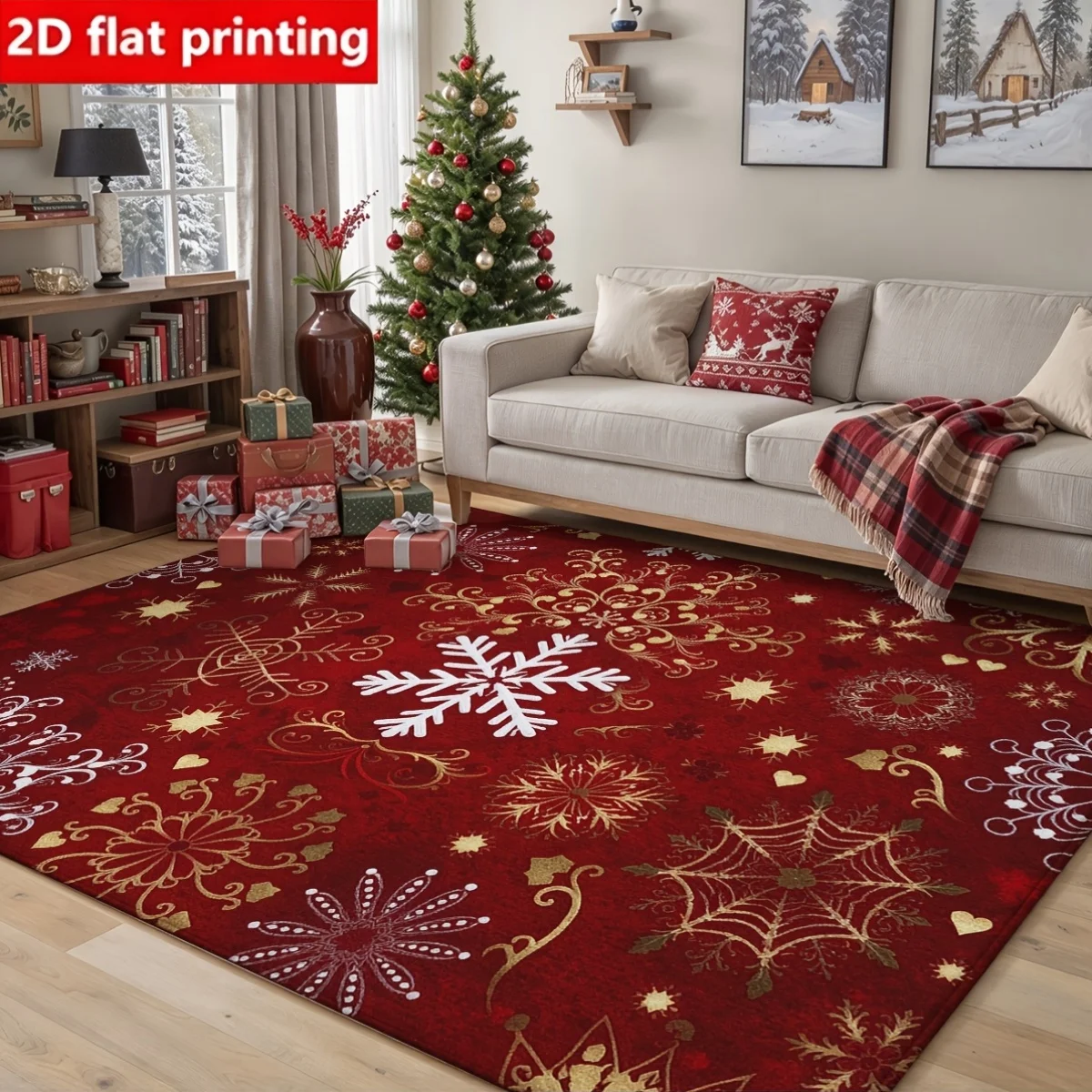 [2d Flat]A Christmas-themed Decorative Piece, Featuring a Pattern of Red Snowflakes And Stars. Suitable For Use As a Floor Covering In a Living Room, Bedroom, Reception Area, Entryway