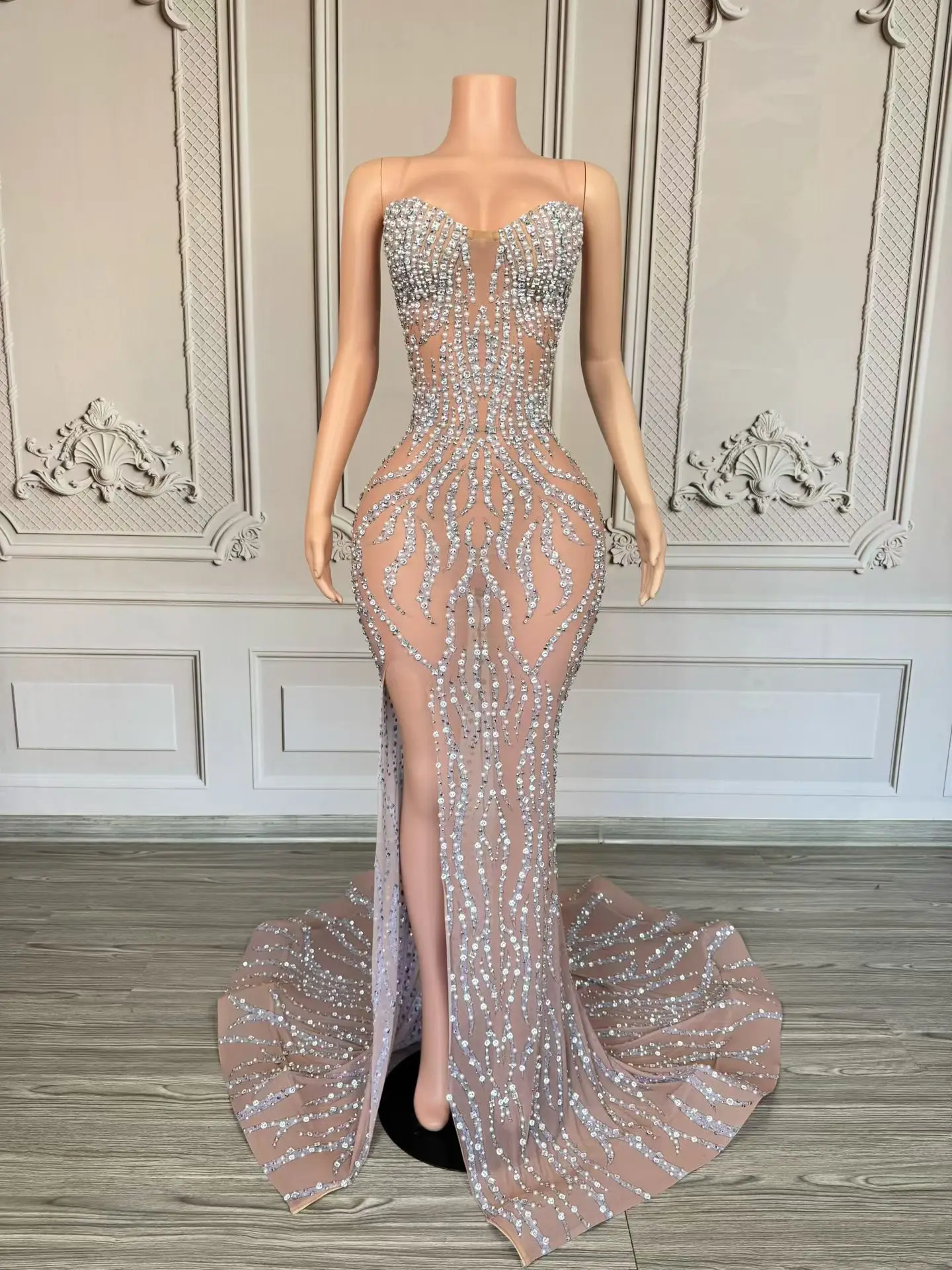 

Shugen Women Nude Mesh Silver Rhinestone Strapless Mermaid Evening Dress with Slit Formal Prom Red Carpet Gown