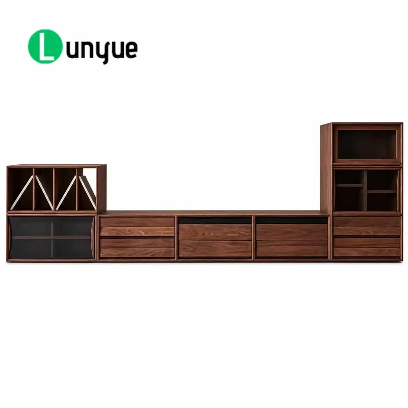 Modular TV Cabinet Set Black Walnut Media Console with Locker Open Shelving Display Unit for Living Room Wall Storage