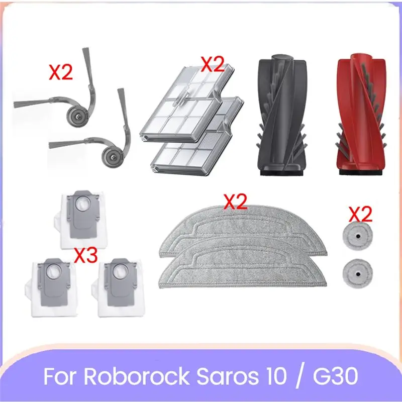 

ABUL-12PCS Набор сменных запчастей для Roborock Saros 10 / G30: основная и боковые щетки, HEPA-фильтр, салфетка для влажной уборки, мешок для сбора пыли