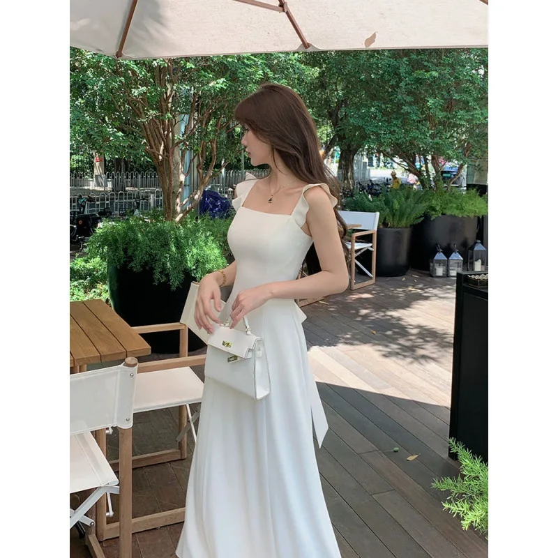 French White Suspender Flying Sleeve Dress Women2024Summer New Waist Slimming High Sense Temperament Long Dress