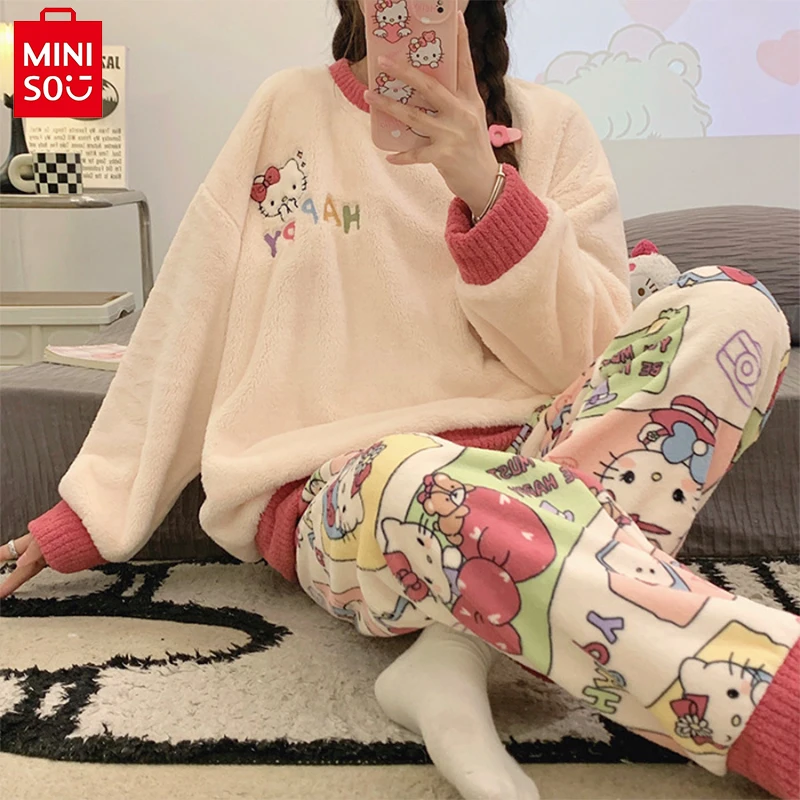 

Miniso Sanrio Hello Kitty Cartoon Plush Pajamas Kawaii Winter Round Neck Long-Sleeved Pajamas Warm Home Clothes Christmas Gift