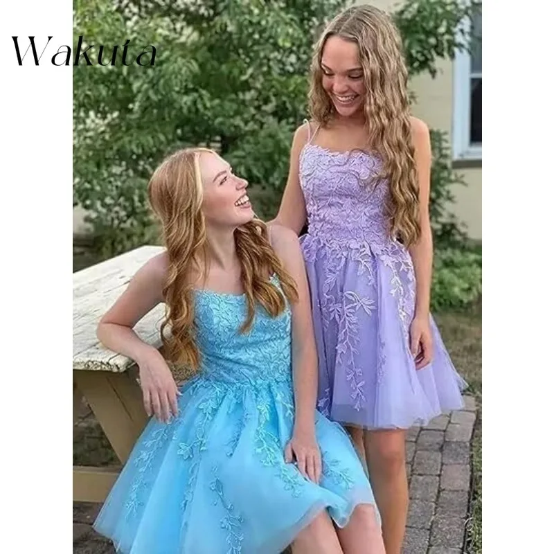 Wakuta elegante encaje apliques bata De regreso a casa para adolescentes sin mangas Vestidos De Noche modernos A-Line Glitter Vestidos De Graduación