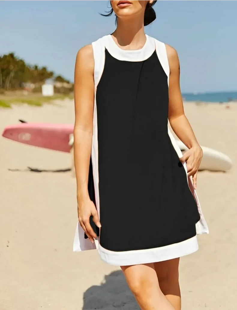 

Women's Two-piece Boho Block Two-piece Women's Mini Dress Casual Sleeveless Shorts With Round Neck Top With Pocket Summer Suit