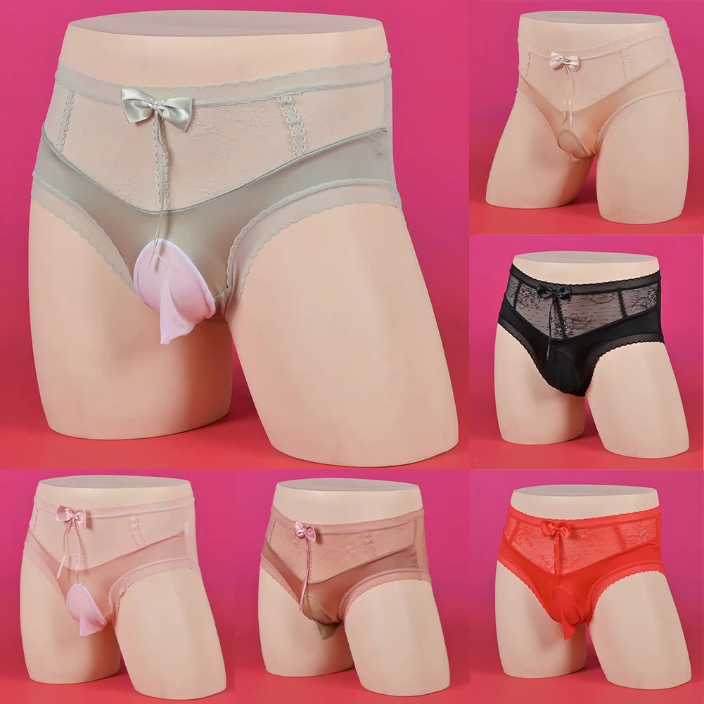 

Glossy Pouch Men's Briefs Crafted from Breathable Ice Silk with Sheer Lace Detailing Suitable for Everyday Wear