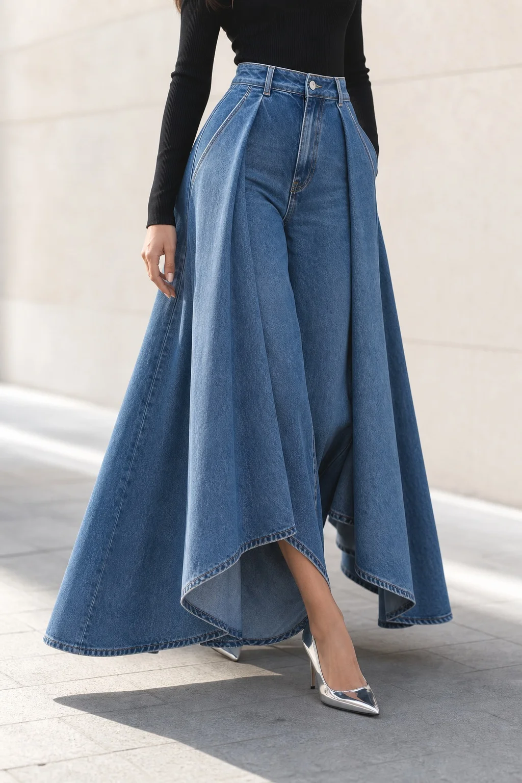 Women's Baggy Solid Color Mid Waist Wide Leg Long Casual Thick Woven Fabric Digital Print High Waist Pleated Front Jeans