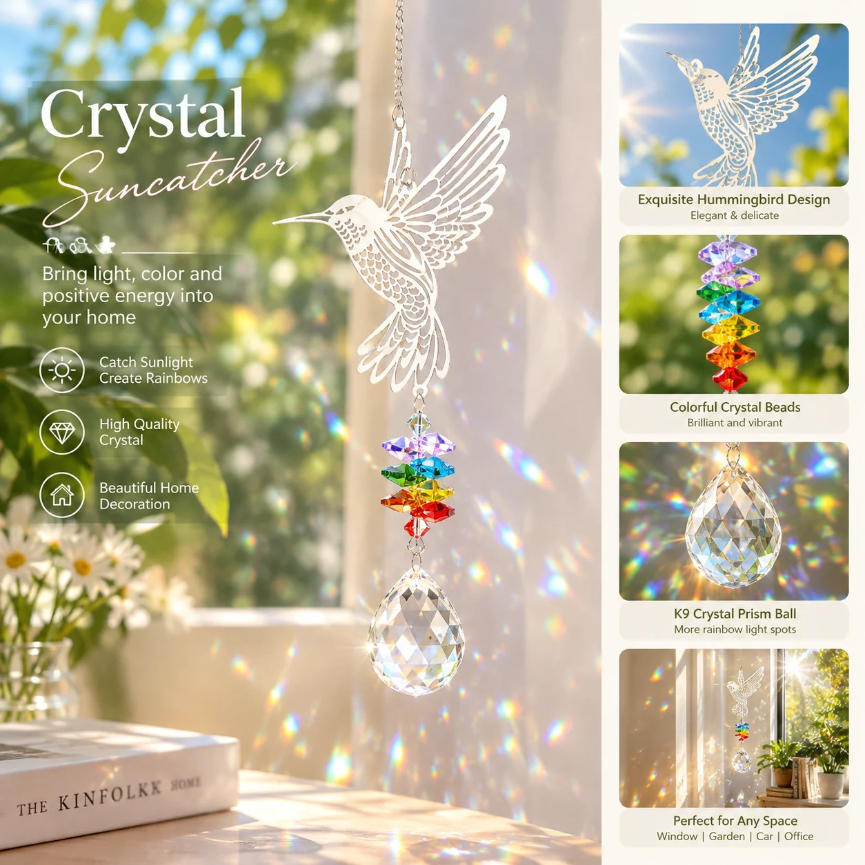 Hummingbird Chakra Crystal Sun Catcher, Rainbow Prism Hanging Suncatcher Pendant, Window Home Garden Decor Spiritual Gift