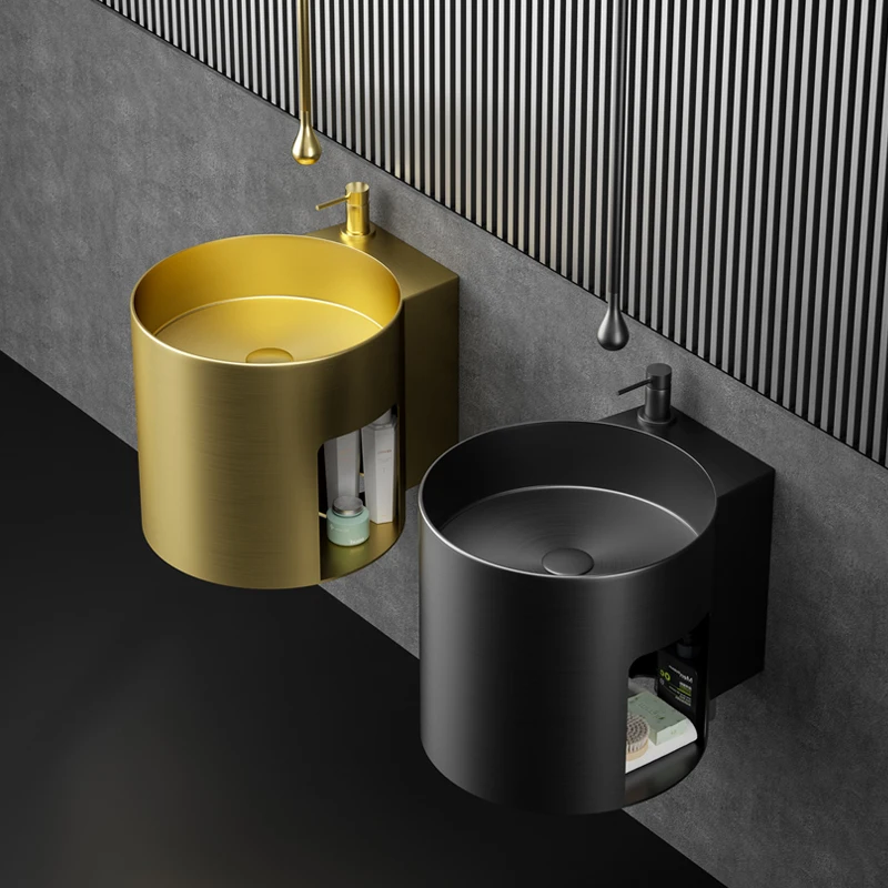 Gold stainless steel wall mounted basin, integrated washbasin with storage rack, black hotel art