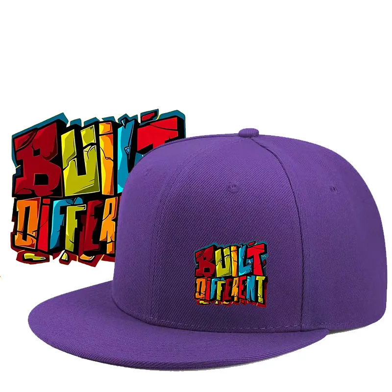 قبعة Snapback قابلة للتعديل مطبوعة بأحرف جريئة مختلفة، قبعة سوداء بحافة مسطحة منقار البط مع تصميم كتلة ألوان نابضة بالحياة، مريحة