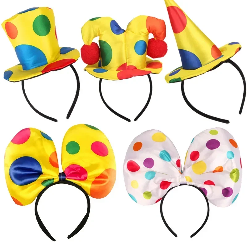 Funny Clown Headdress Yellow Colored Clown Dots Bow Headwear Circus Performance Props Funny Joker Hats Makeup Party Decorations