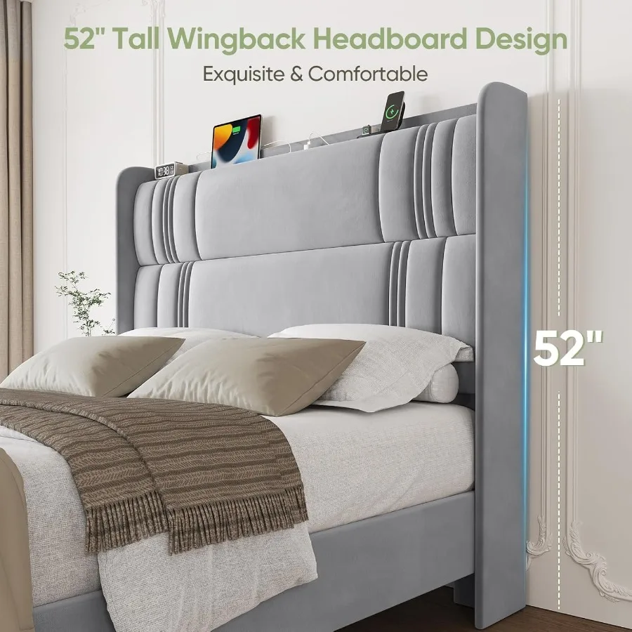 إطار سرير كوين مع لوح رأسي طويل 52 إطار سرير بمنصة منجدة مع محطة شحن إطارات سرير مخملية فاخرة منحنية #5