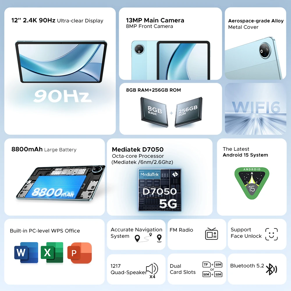DOOGEE V Pad 5G 2 IN 1 تابلت أندرويد 15 12 بوصة 2.4k شاشة 7.95 ملم رفيعة للغاية 32 جيجابايت رام (8 جيجابايت + 24 جيجابايت) 256 جيجابايت 8800 مللي أمبير بطارية ذكية