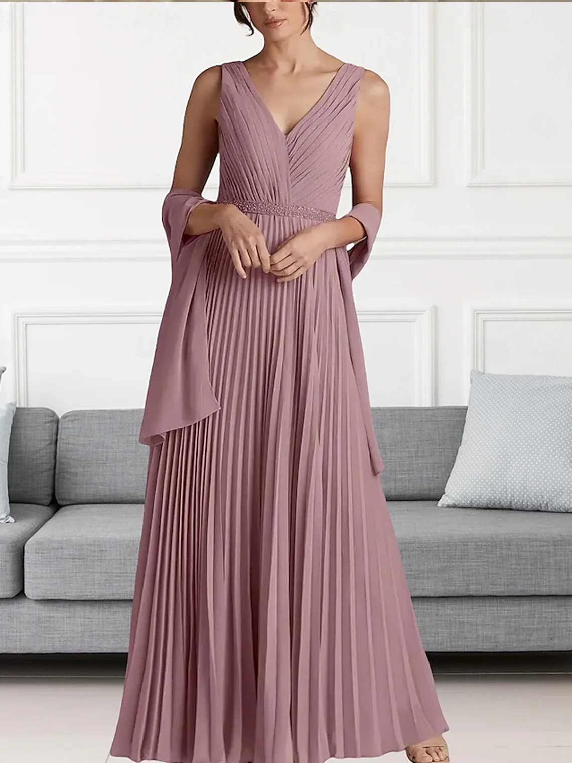 

ElegantFashions A-Line Chiffon Prom Dress V Neck Floor Length Sleeveless Beading Formal Evening Gown 2025 free customized