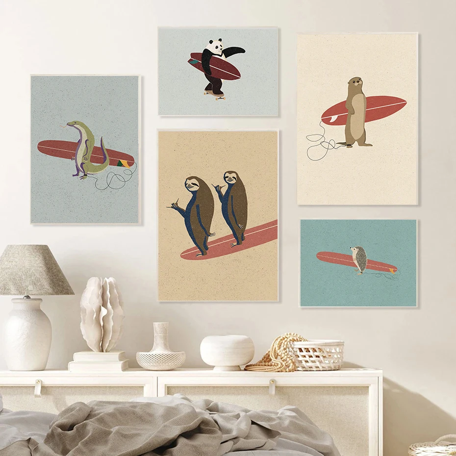 (1PC Unframe)Funny Beach Animals Surf Posters Cartoon Otter Alligator Prints Nursery Canvas Painting Wall Picture Beach House Ki