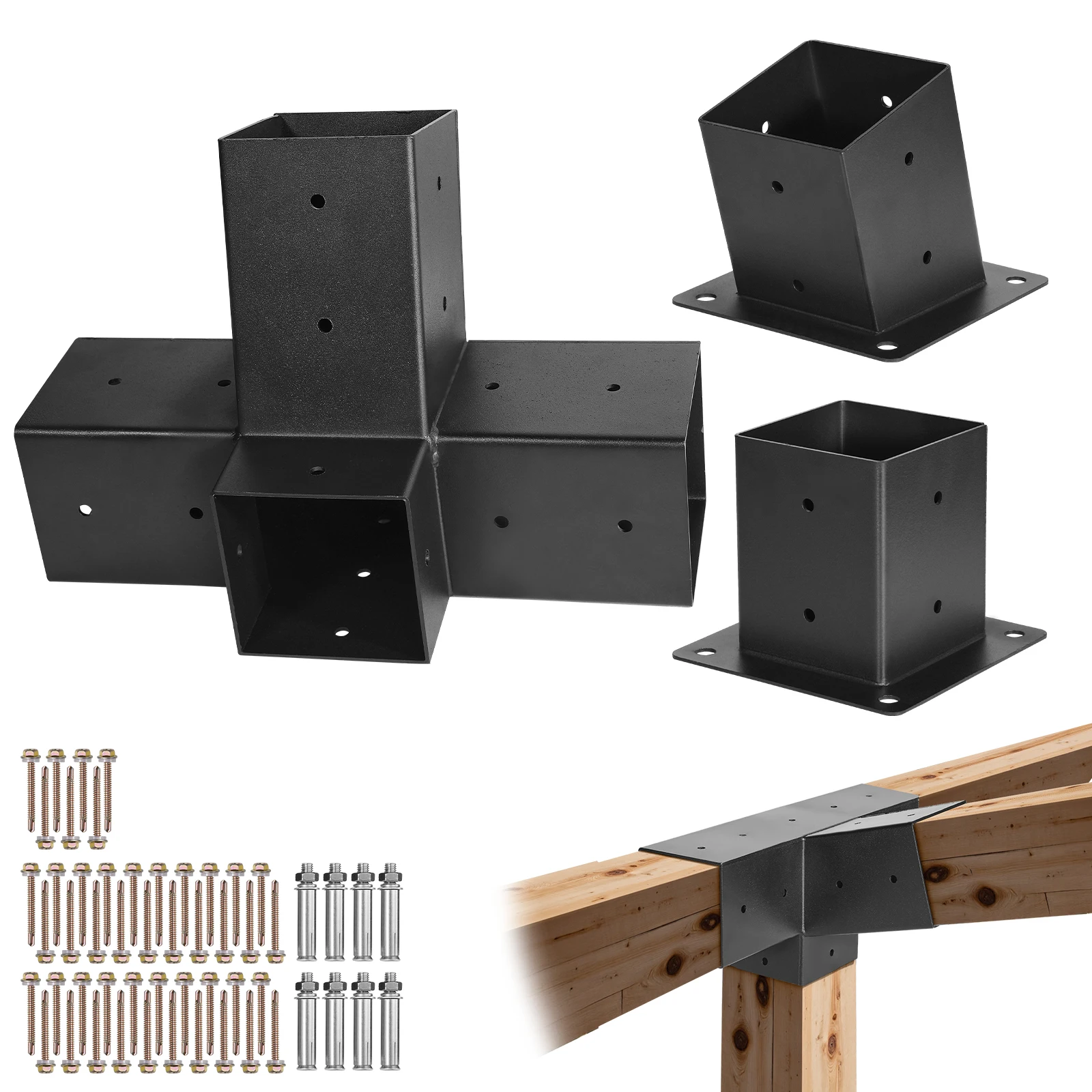 VEVOR Kit de Soportes para Pérgola Inclinado de 10 x 10 cm y 4 Vías para Vigas de Madera de 92 x 92 mm en Tamaño Real, de Acero al Carbono, con Base de Poste y Base de Montaje en Pared, 3 uds