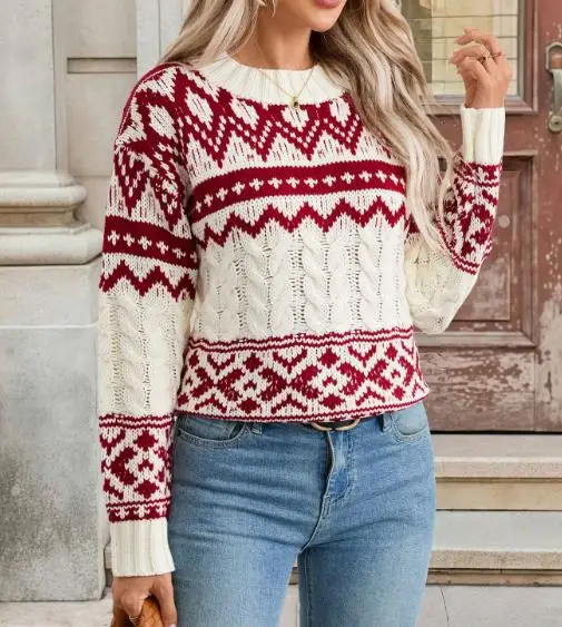 

Retro Jacquard Lazy Pullover Sweater, Fair Island Christmas Knitted Sweater for Women