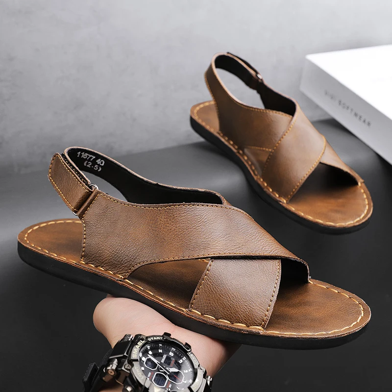 Sandalias de verano para hombre, zapatos de cuero genuino para hombre, zapatos de playa para jóvenes, zapatillas ligeras y transpirables, sandalias para hombre, zapatos bajos para hombre