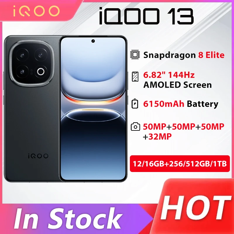 Originele ViVO iQOO 13 5G Telefoon Leeuwebek 8 Elite 50MP Achteruitrijcamera 6150 mAh 120 W SuperVOOC 6.82 '' AMOLED 144Hz Android 15 NFC OTA