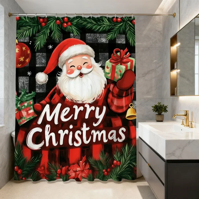 Christmas Shower Curtain Snowman Gingerbread Man Santa Xmas Tree Reindeer Waterproof Bath Curtain Holiday Decor w Hook