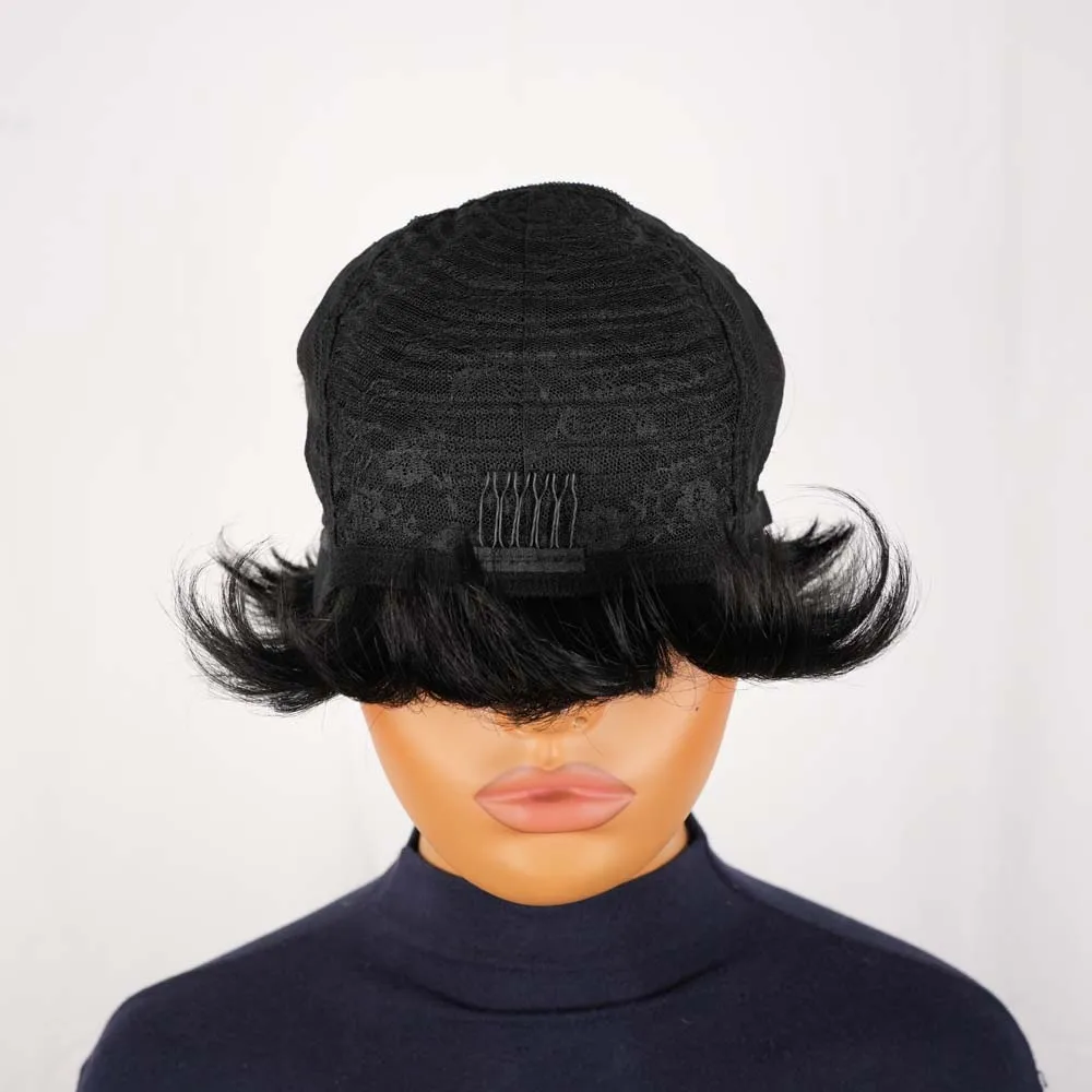 픽시컷 가발 인모 스타일리시 곱슬 숏밥 가발 워터웨이브 기계식 곱슬 인모 가발 흑인 여성용