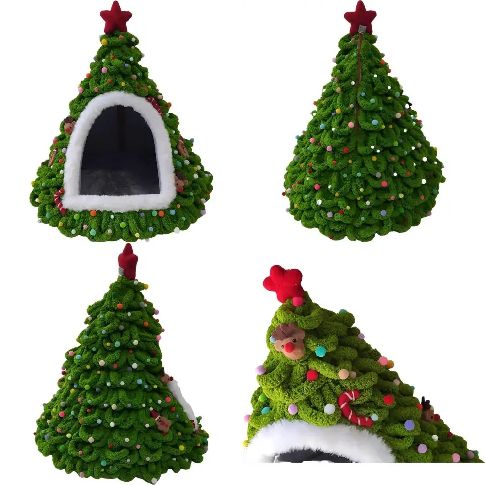 

"handcrafted felt christmas tree cat house, adorable holiday cat bed, pet cave, kitten nest, cozy hideaway, warm cat condo tents