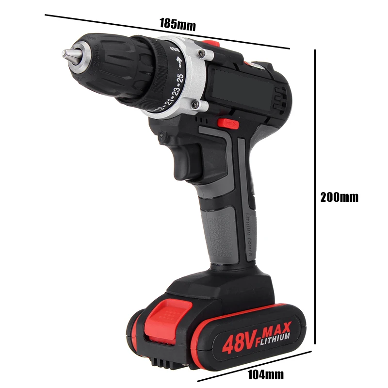 48V Cordless Drill Electric Screwdriver Hammer Drill 25-28Nm Torque Power Screw Driver Power Tools with 1/2Pcs Li-ion Battery