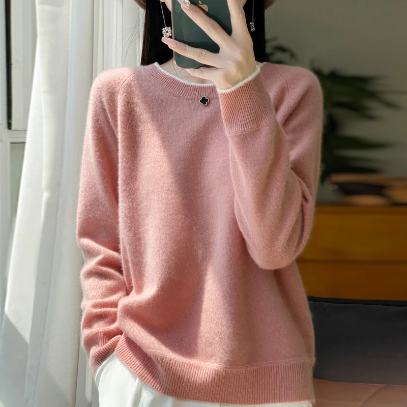 Autumn and Winter Women Sweater 100% pure wool O-Neck Thick&Loose Casual Long Sleeve Knitwears Pullover Tops Female clothing