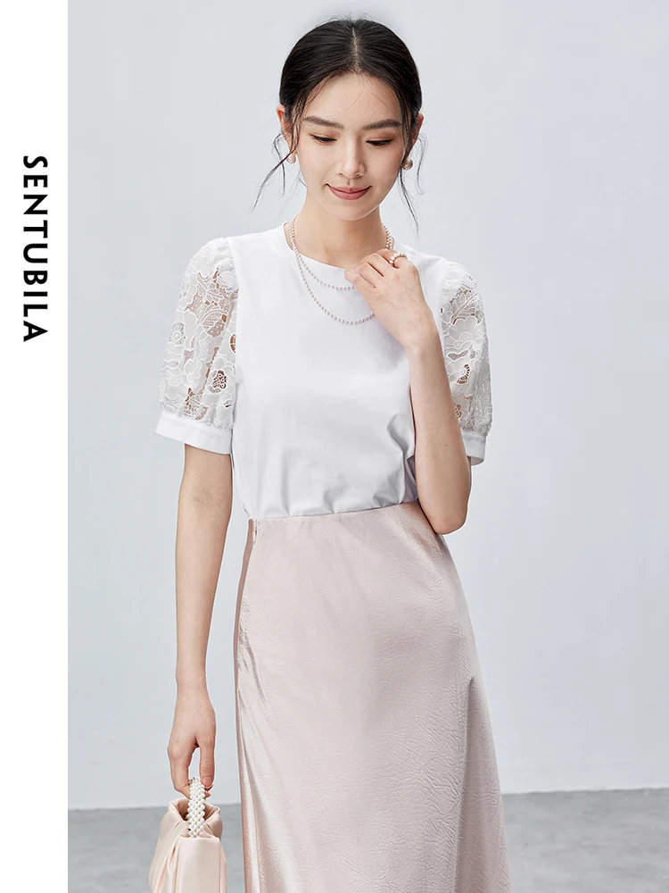 

SENTUBILA Cotton 100% Spliced Lace T-shirt 2024 Summer Round Neck Simple Elegant Pullovers White Short Sleeve Top 142T55313