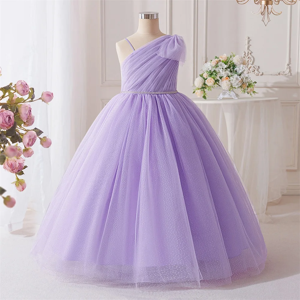 Mädchen Ballkleid mit Schleife und schrägen Schultern, Mesh-Design, für Geburtstag, Blumenmädchen, Party, Klavier, Abend, Festzug, Abschlussball, Host-Performance