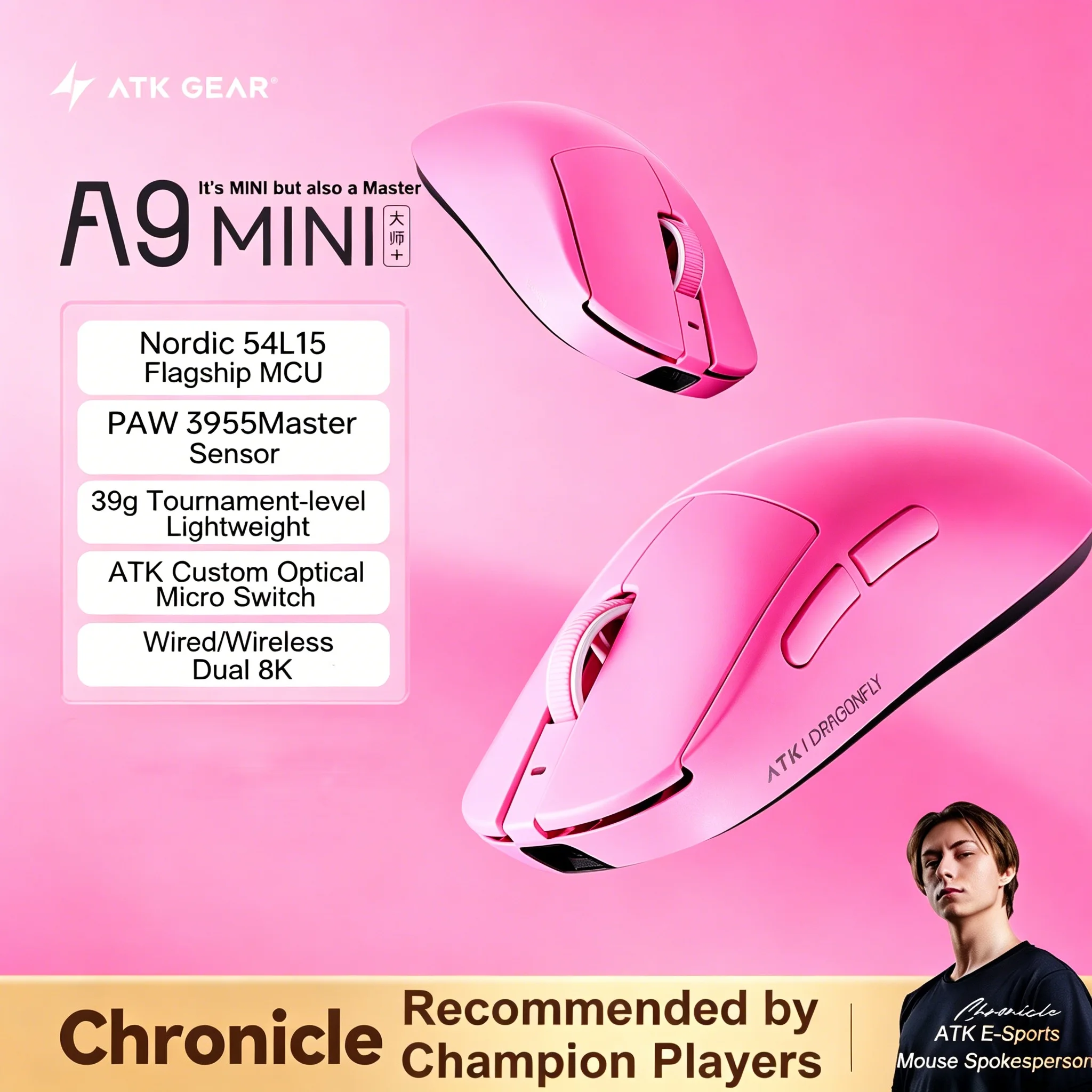 ATK A9 MINI Ultimate Gaming Mouse Dual Model Wireless E-sports Mouse Dual 8K PAW3950 PAW3955 Master Lightweight FPS Gaming Mouse
