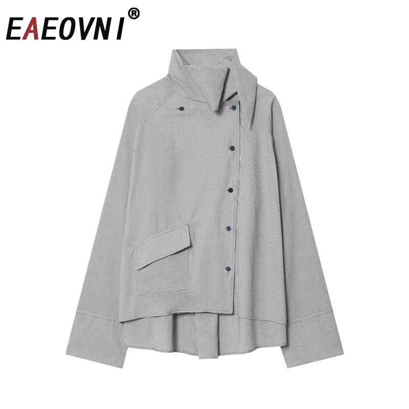 

EAEOVNI 2026 Весенняя Новая Женская Блузка с Клетчатым Принтом, Воротником-стойкой, Пэчворк-дизайном, Асимметричная Рубашка на Пуговицах, Модная Одежда