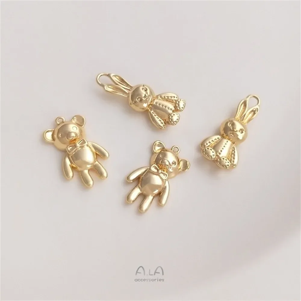 Paquete de oro de 14 quilates, bonito colgante de oso y conejo, joyería hecha a mano, colgante DIY, pulsera, collar, colgante de joyería K171