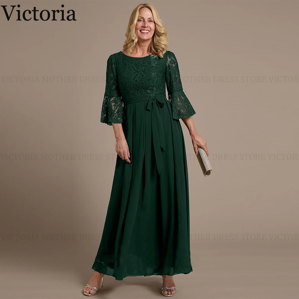 

VICTORIA Green Exquisite Chiffon Lace Mother of the Bride/Groom Dress A-Line Scoop Ankle-Length Bow Wedding Guest Party Dresses