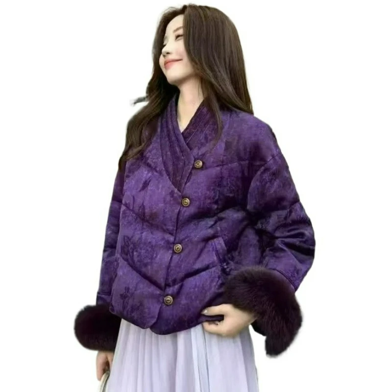 النمط الصيني الجديد ضوء جديد فاخر الراقية موضة مطبوعة زر متابعة المرقعة الصوف كم القطن معاطف دافئة 2026 الخريف/الشتاء