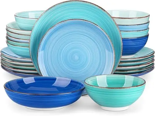 

Vancasso Bonita 24-Pc Blue Stoneware Dinnerware Set for 6 – Handpainted Spiral Design