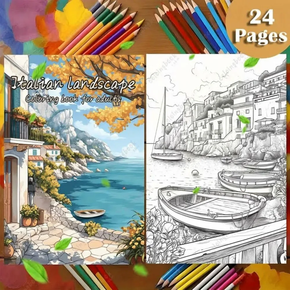 A4 Spiral Italian Landscape Coloring Book for Adults 24 Pages Tuscany Scenes Relaxing Art Therapy Gift