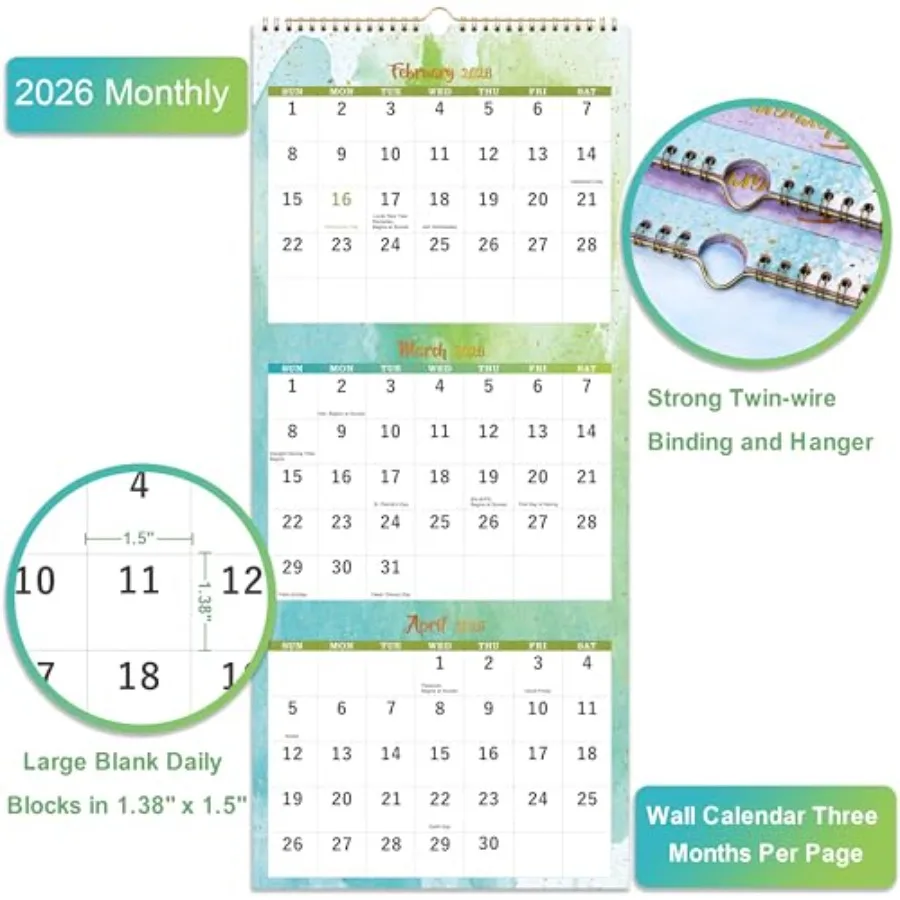 2026 Calendar 3 Month Wall Calendar 2026 Display Folded in a Month Wall Calendar 2026 Jan. 2026 Dec. 2026 11" x 26" 3 Month Ver