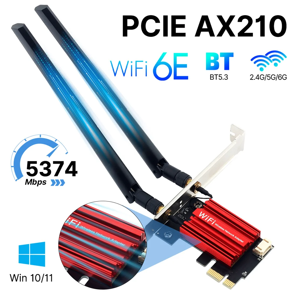 Adaptador Wifi 6E AX210 PCIE, tarjeta de red Ethernet inalámbrica de 5400Mbps, BT 5,3, 2,4G/5G/6GHz, banda Dual 802.11AX/AC para Win 10 11