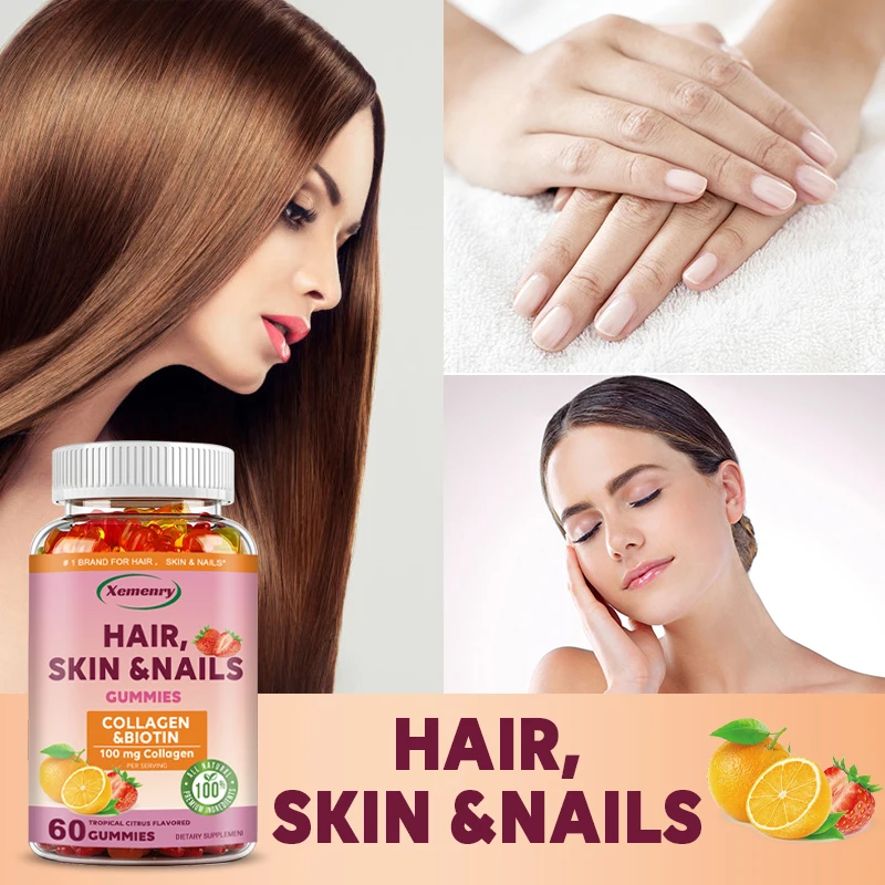 Hair, Skin & Nails Gummy Vitamins - Contains Biotin, Collagen - Promotes Hair Growth, Nourishes Skin, Strengthens Nails