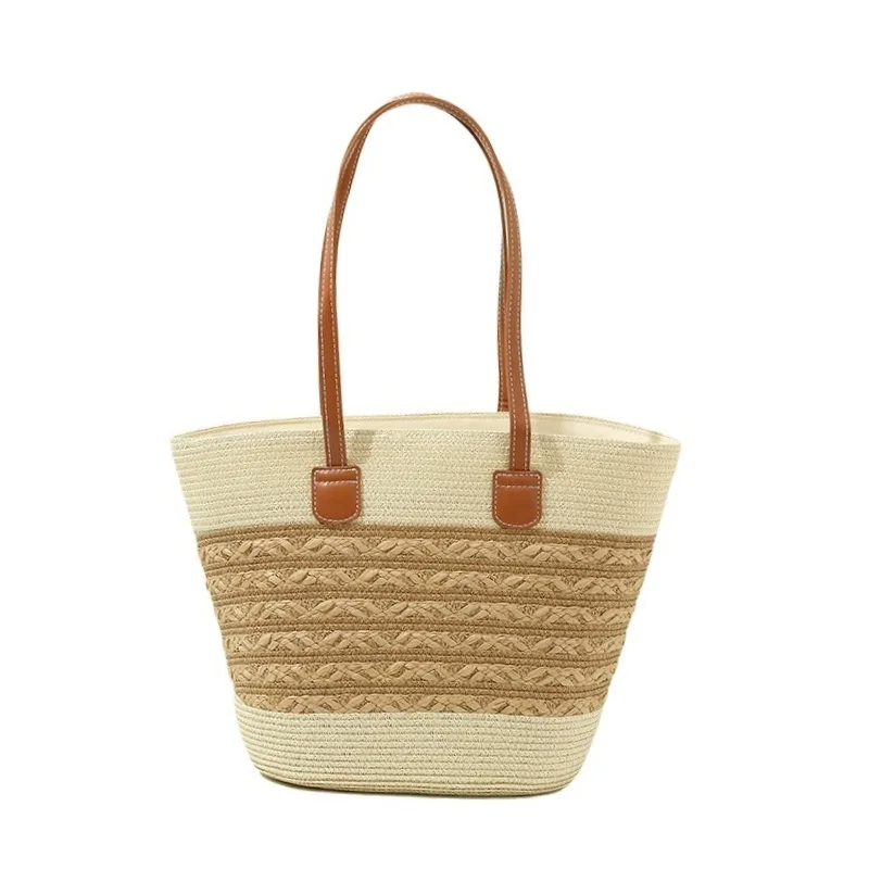 

Модная повседневная женская соломенная сумка-тоут большой вместимости в богемном стиле, плетеная пляжная сумка с кожаным ремешком для путешествий и ежедневных поездок