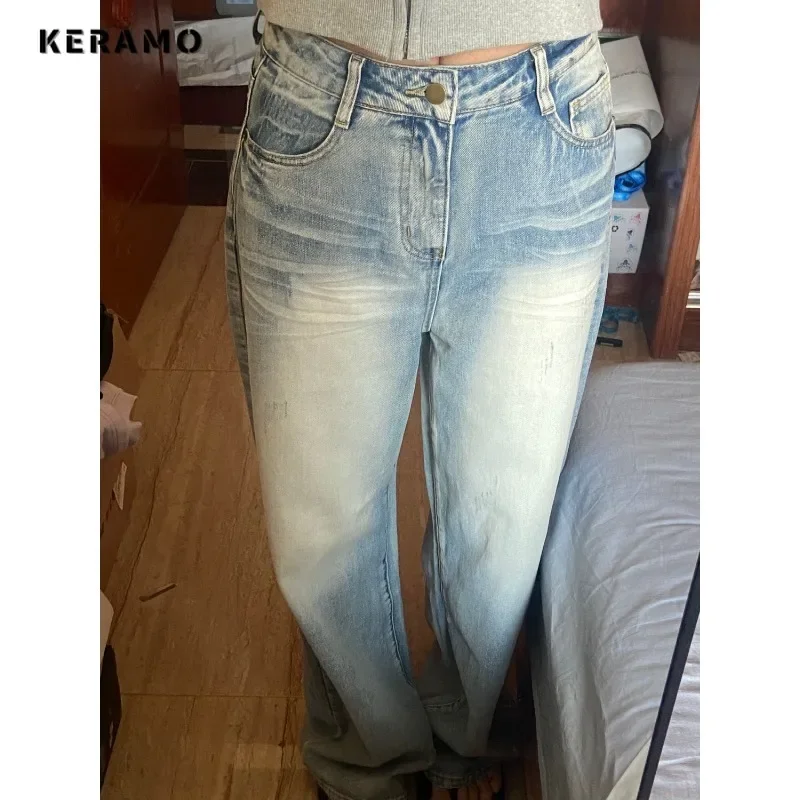 2025 Autumn Vintage Aesthetic Mop Loose Washed Pants Women's Casual Style Harajuku Jeans Y2K Wide Leg Punk Baggy Denim Trouser