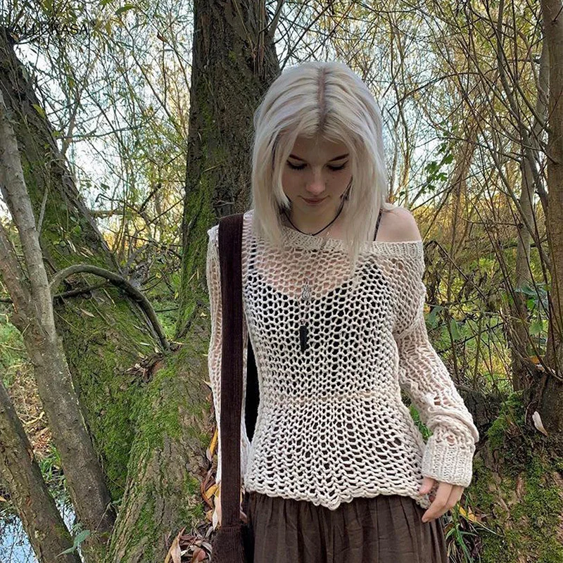 Maemukilabe Knitted Hollow Out Sweater T-shirt Autumn Long Sleeve Crochet Pullovers Women Y2K Fairy Grunge Vintage Smock Tops