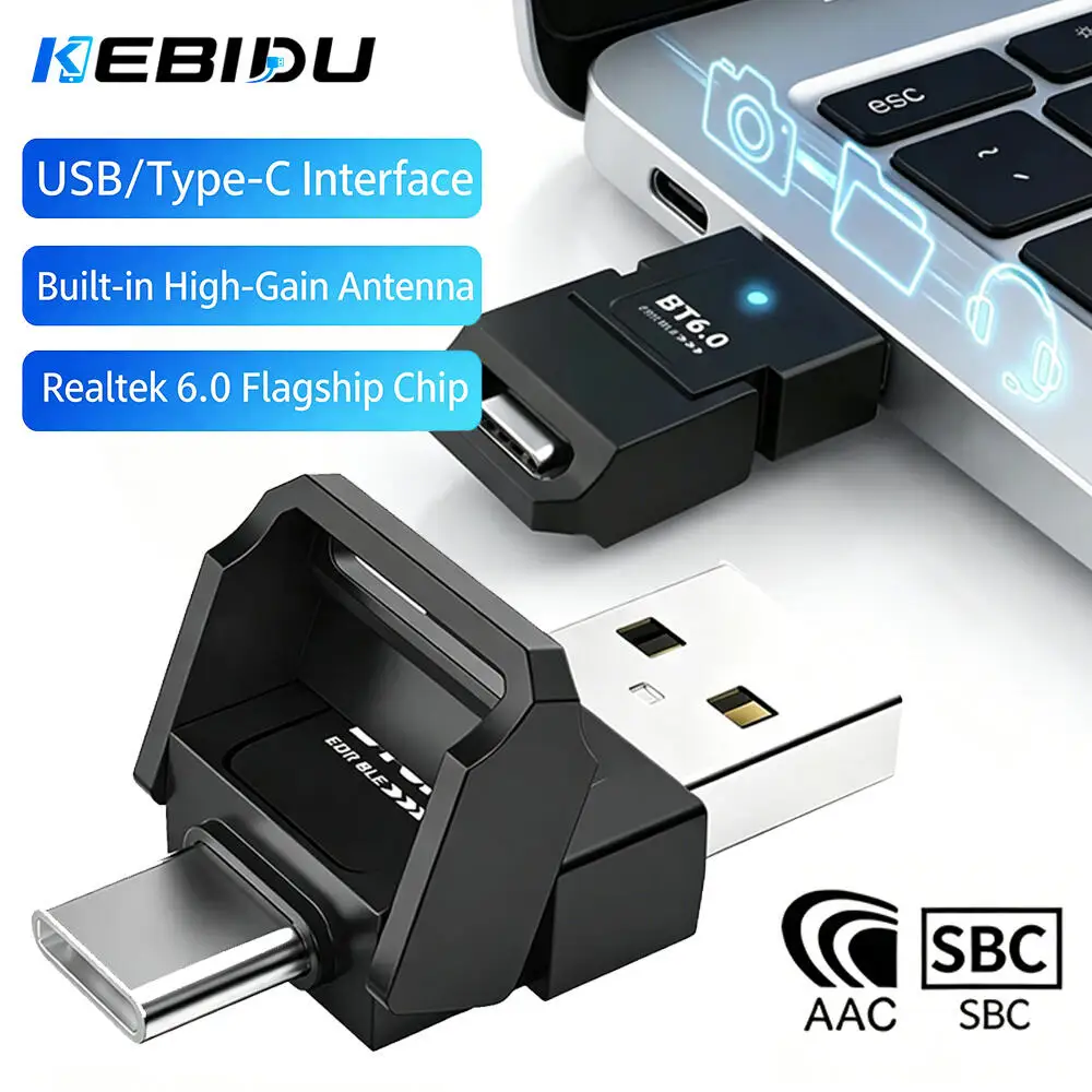 KEBIDU Bluetooth 6.0 2IN1 USB Type-C Wireless Adapter Audio Transmitter Receiver For PC PS5 Headset Speaker Mouse Plug and Play