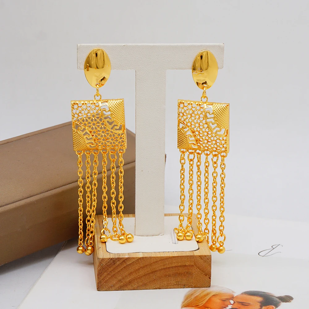 Hollow Gold Plated Long Tassel Women\'s Jewelry Set Dubai Banquet Wedding Necklace Jewelry Accessories