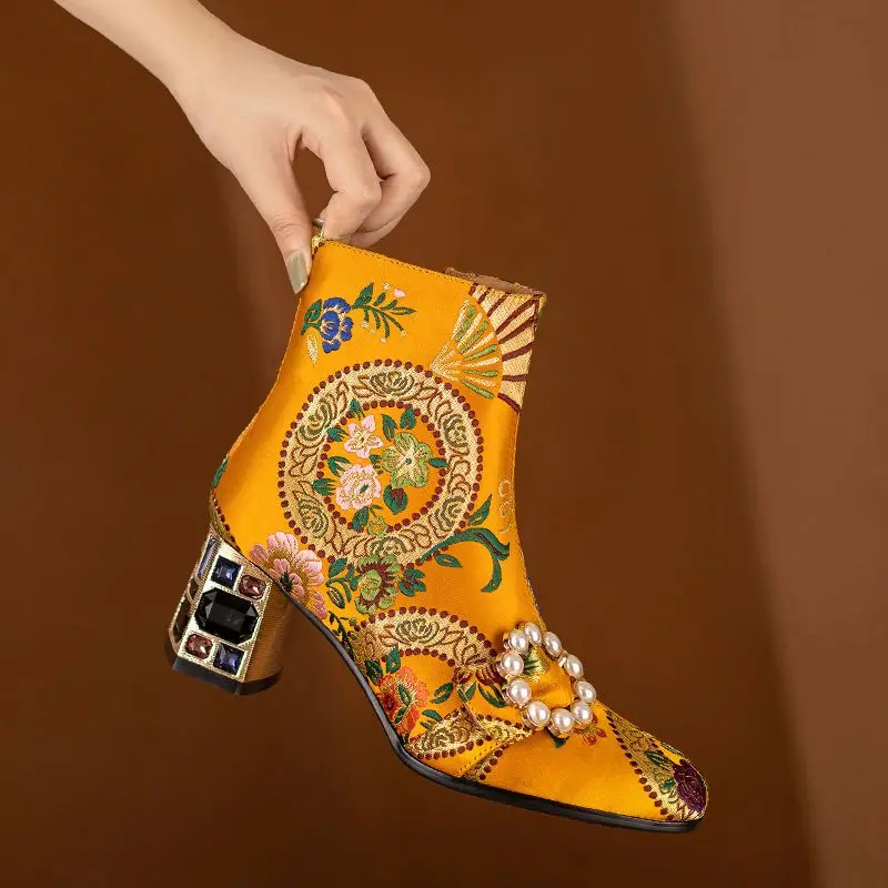 FHC New Chinese Style Women Ankle Boots,Fashion Embroidery Winter Shoes,High Heels Short Botas,Pointed Toe,Black,Yellow,Dropship