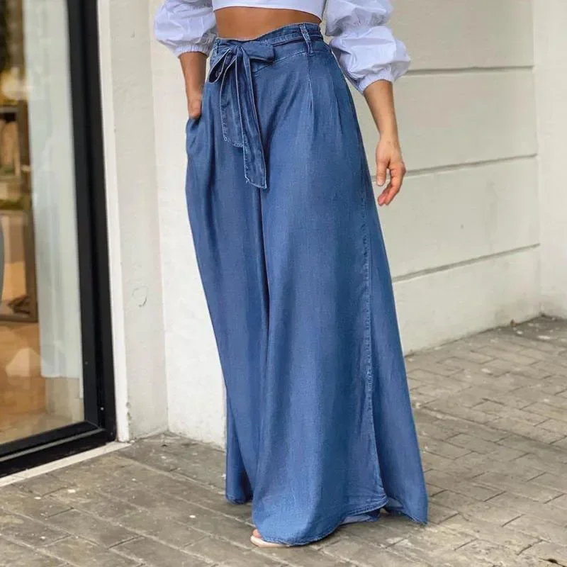 Women Denim Long Loose Wide Leg Pants High Waist Full Length Solid Color Trousers Jeans - Detail 1