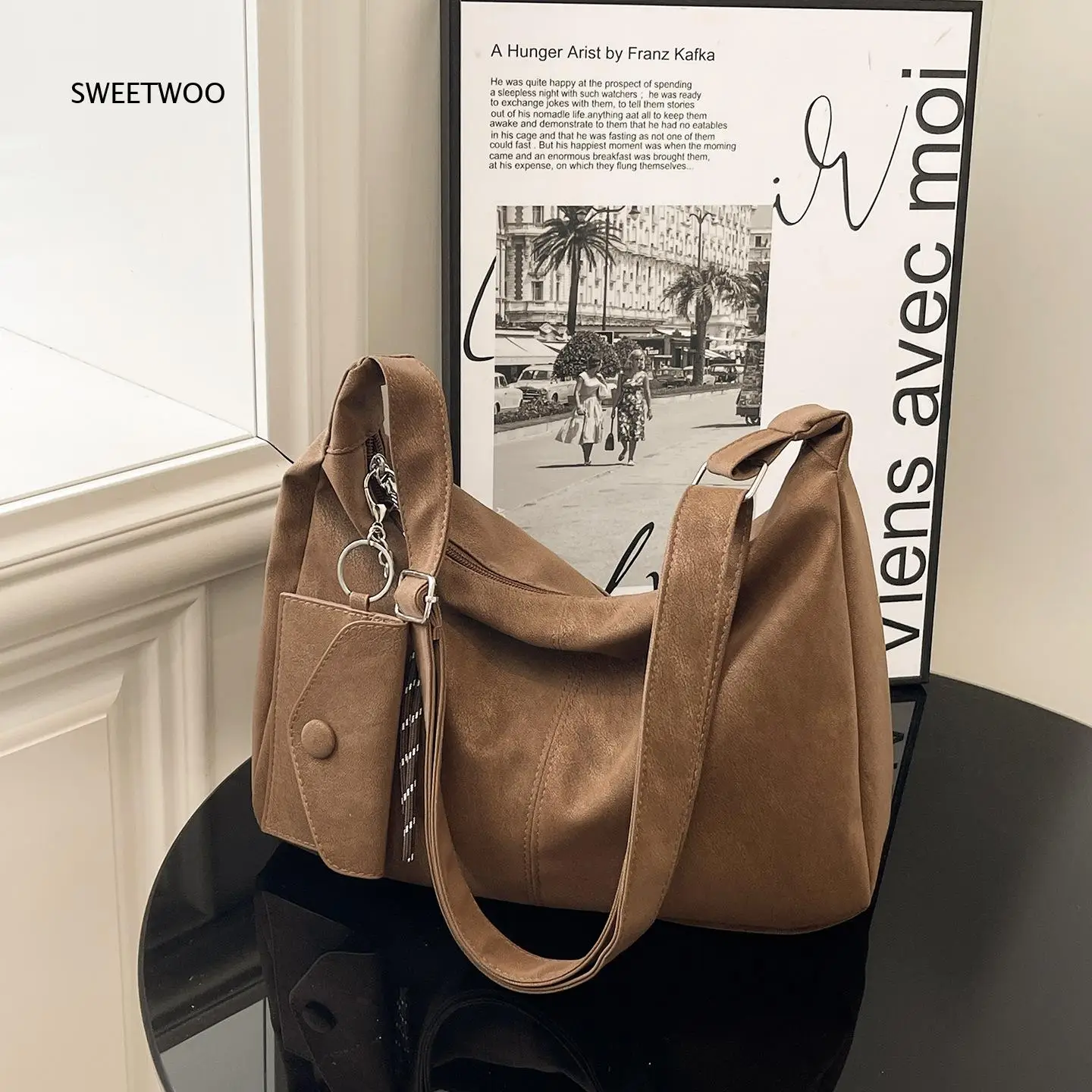 Retro Distressed Leather Look Shoulder Bag For Women Detachable Card Pouch Large Daily Commute Crossbody Handbag